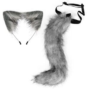 🆕 Halloween Grey Faux Fur Cat Fox Ears Headband Wolf Tail Party Costume Adult